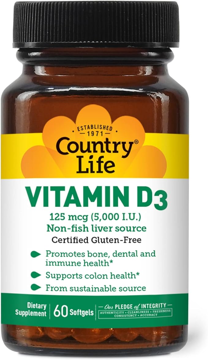 Country Life, Vitamin D3 5000 IU, Supports Healthy Bones, Teeth and Immune System, Daily Supplement, 60 ct