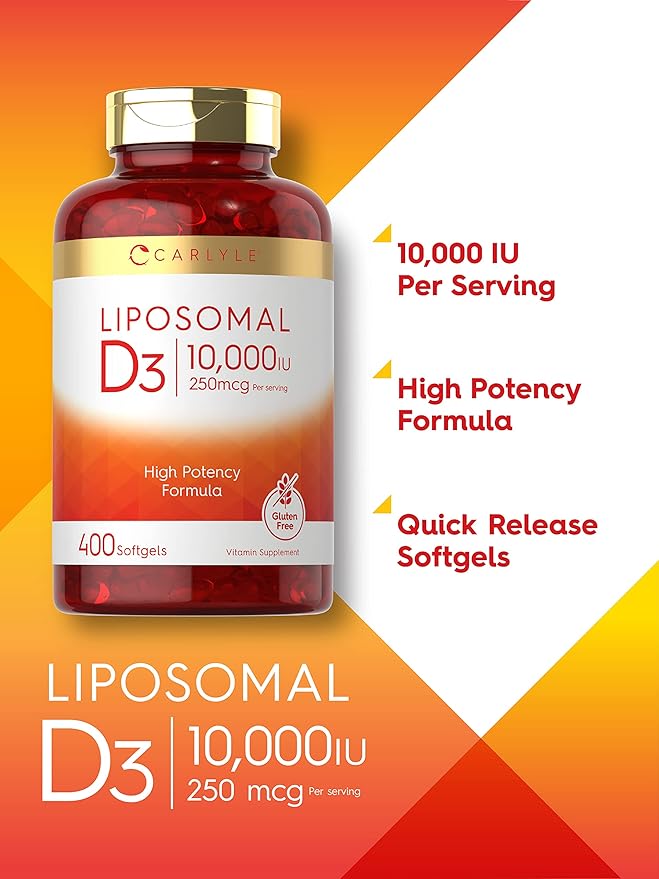 Carlyle Vitamin D3 Liposomal | 10,000 iu | 400 Softgels | Non-GMO and Gluten Free Formula | High Potency Vitamin D Supplement