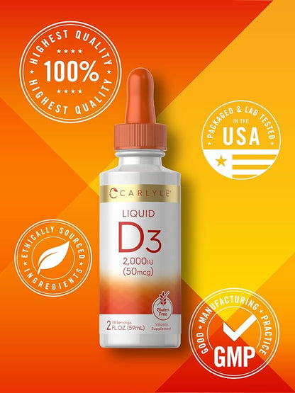 Carlyle Liquid Vitamin D3 | 2000 IU | 2 oz | Vegetarian, Non-GMO, and Gluten Free Formula | 50mcg | Vitamin D Liquid Drops for Adults