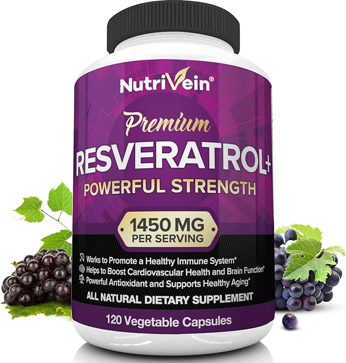 Nutrivein Resveratrol 1450mg - Antioxidant Supplement 120 Capsules – Supports Healthy Aging & Promotes Immune, Brain Boost & Joint Support - Made with Trans-Resveratrol, Green Tea Leaf, Acai Berry