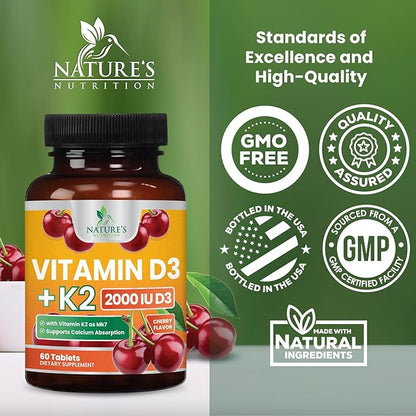 Vitamin D3 K2 as MK-7 with 2000iu of D3 & 75mcg K2, Vitamin K2 D3 Bone Strength Supplements Support Calcium Absorbtion for Teeth & Bone Health + Muscle & Immune Health Support - 60 Chewable Tablets