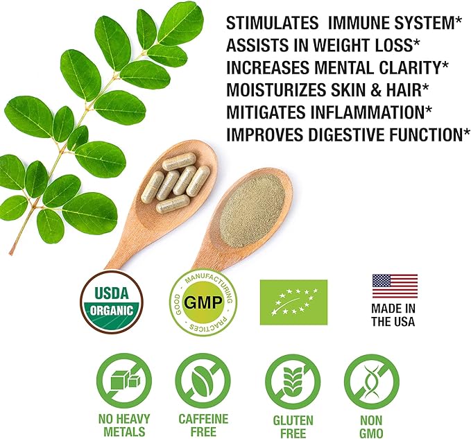 100% Raw and Pure Moringa Leaf Powder Capsules. Organic Certified Moringa Leaf. Natural Superfood with Essential Amino Acids, Antioxidants and Omega 3, 500mg, 120 Capsules.