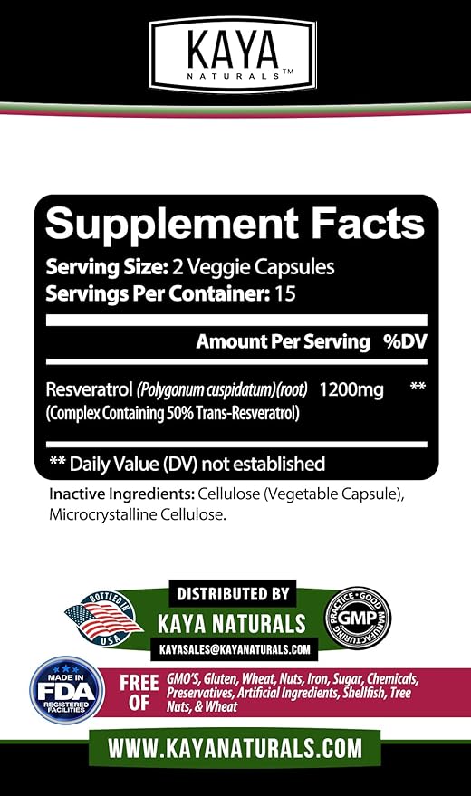 Kaya Naturals - Resveratrol Capsules - Anti Aging Supplement - Antioxidants with Brain Support - Maximum Benefits - 30 Veggies Capsules