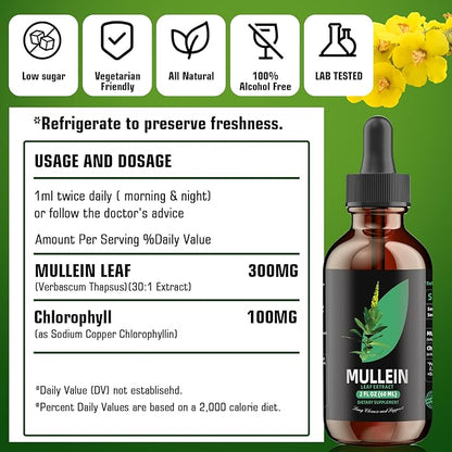 Mullein Drops for Lungs - Mullein Leaf Extract for Lungs Cleanse - Respiratory Lung Health, Herbal Supplement Tincture Drops Vegan