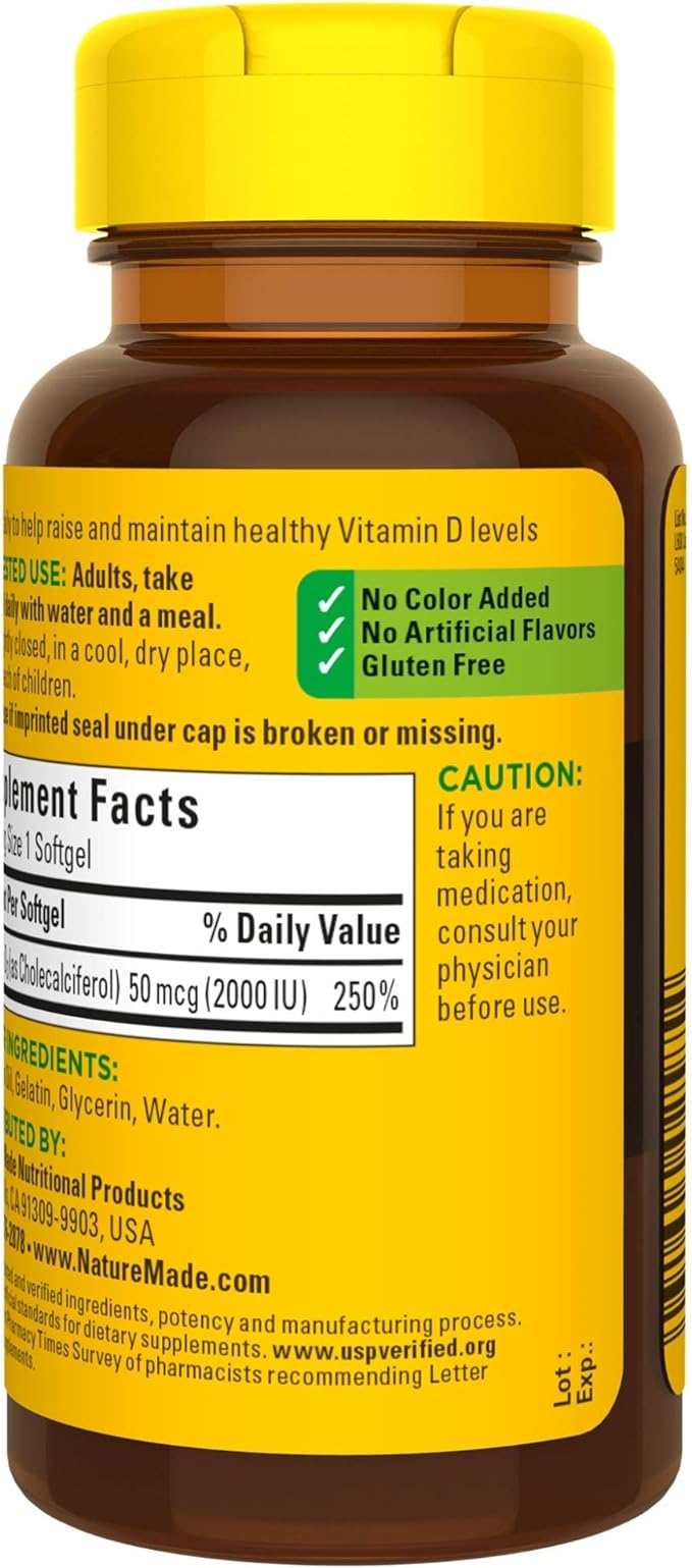 Nature Made Vitamin D3, 90 Softgels, Vitamin D 2000 IU (50 mcg) Helps Support Immune Health, Strong Bones and Teeth, & Muscle Function, 250% of The Daily Value for Vitamin D in One Daily Softgel