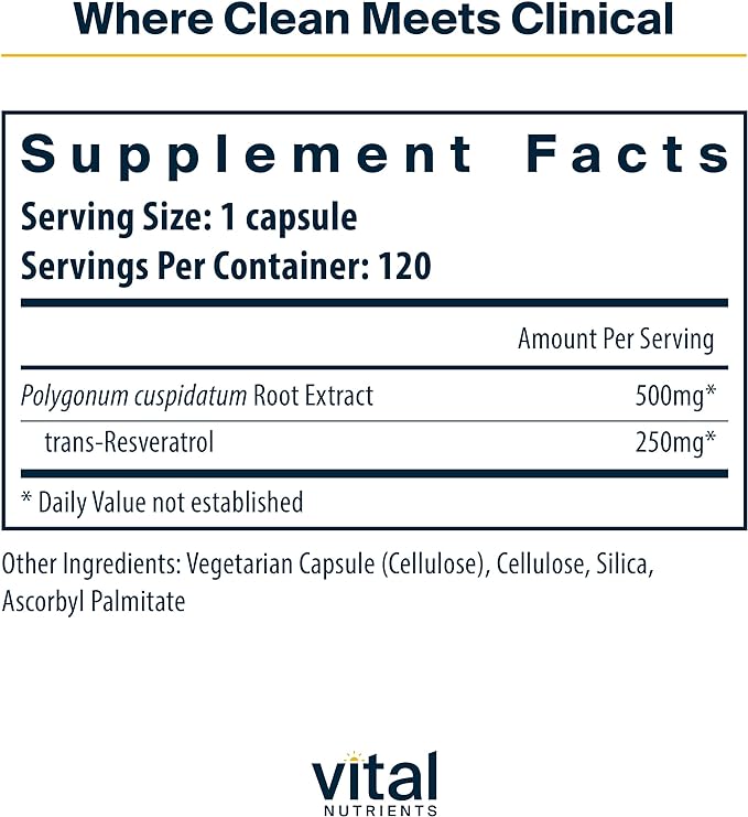 Vital Nutrients Resveratrol | High-Potency Antioxidant | 250 mg Trans-Resveratrol | Heart Health, Healthy Aging, Memory Support | Vegan Supplement | Gluten, Dairy, Soy Free | Non-GMO | 120 Capsules