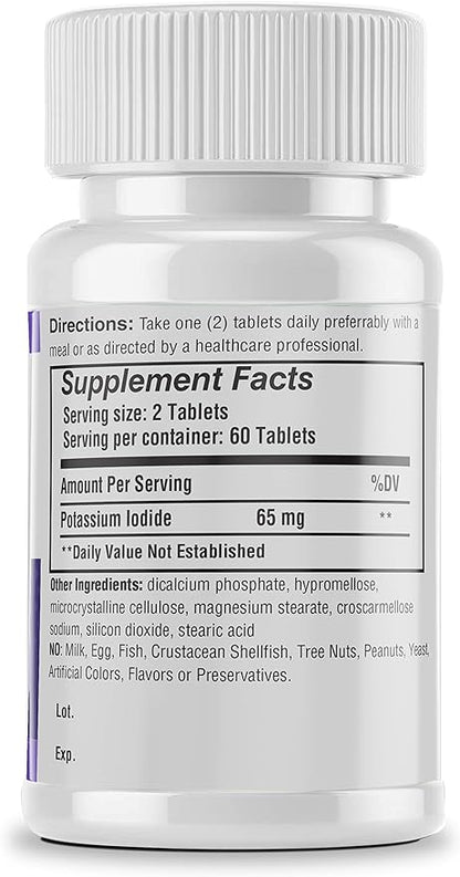 Safrel Potassium Iodide 65 mg Tablets, Adults and Kids | Thyroid Support | Made in USA | Non-GMO Verified | Ki Pills Potassium Iodine Tablets - YODO Naciente (60 Count (Pack of 1))