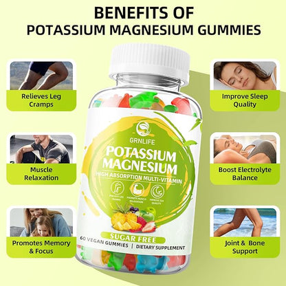 Potassium Magnesium Supplement Gummies, Potassium Gummies for Adults Kids, High Absorption Magnesium Glycinate for Leg Cramps & Immune Health, Sugar-Free, Vegan Mixed Flavors, 120 Count