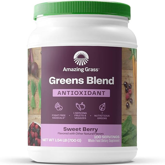 Amazing Grass Greens Superfood Antioxidant: Greens Powder with Organic Spirulina, Beet Root Powder, Elderberry & Probiotics, Sweet Berry, 100 Servings (Packaging May Vary)