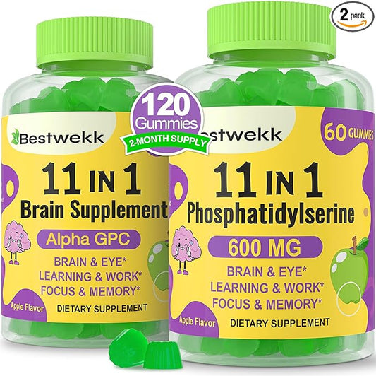 Phosphatidylserine Supplement 600mg, Alpha Brain Gummies for Memory, Cognitive, Focus and Concentration - Phosphatidylserine Memory Supplement with B6 & B12, Bacopa Monnieri and Folic Acid - 120 Count