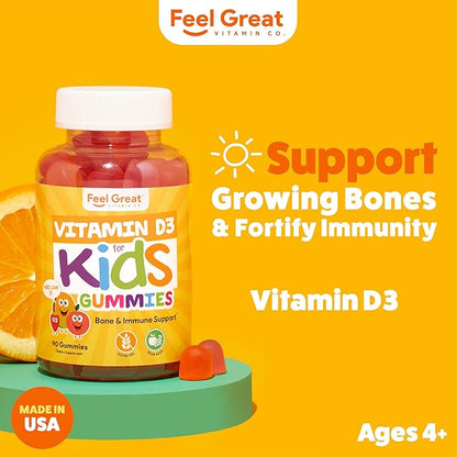 Feel Great Kids Vitamin D3 1000 IU Gummies | Kids Vitamin D Gummies for Healthy Bones, Mood, & Immune Support | Citrus Flavored Vegetarian D3 Gummies | 2 Pack