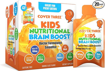 Cover Three Supplements for Kids Brain Supplement Smoothie, Omega 3 Liquid Childrens DHA Fish Oil, Kids Focus and Attention, Emotional Support, 20 Pouches, Pack 1