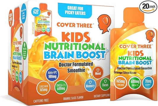 Cover Three Supplements for Kids Brain Supplement Smoothie, Omega 3 Liquid Childrens DHA Fish Oil, Kids Focus and Attention, Emotional Support, 20 Pouches, Pack 1