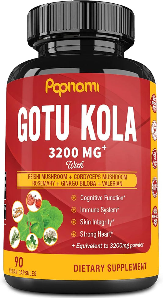 Organic Gotu Kola Extract Capsules - Equivalent to 3200Mg with Reishi, Cordyceps, Rosemary, Gingko Biloba & Valerian Root - 90 Counts for 3 Months - Supports Brain, Immunity, Skin & Heart Health