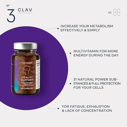 CLAV® N°3 Vitality Support - Vegan Multivitamin - Energy & Focus Supplement - Vitamin B Complex - Guarana, Ginseng, Ginkgo Extract - 60 Capsules - 1 Month