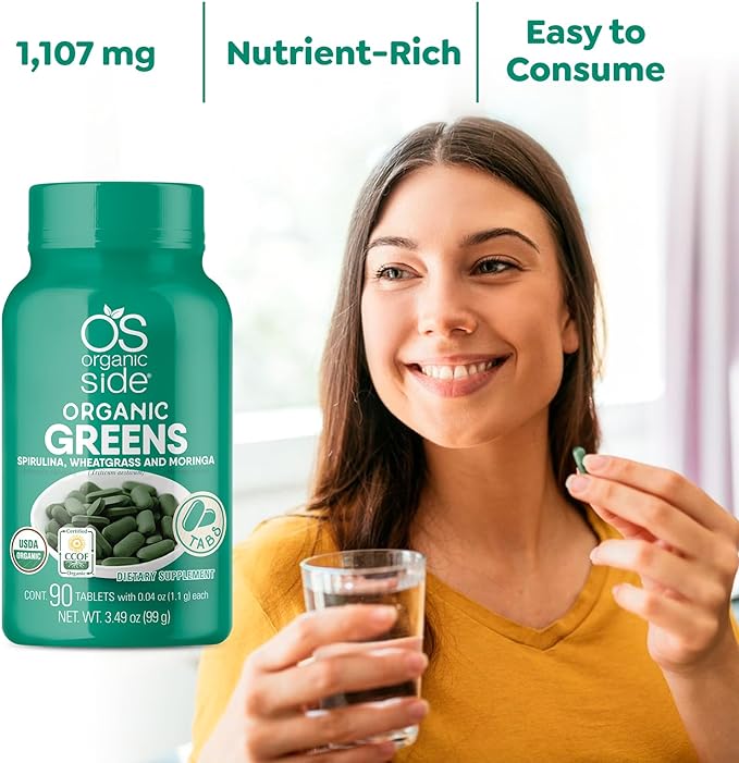 Organic Greens (Spirulina, Wheatgrass & Moringa) 90 Tablets - Rich in Vitamins and Minerals - Super Greens 1100 mg - Certified USDA - Non GMO - Vegan