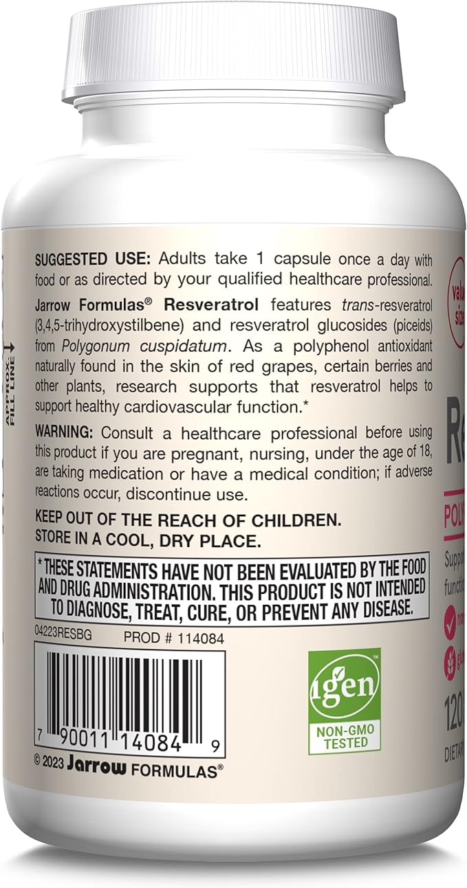 Jarrow Formulas Resveratrol 100 mg, Dietary Supplement, Antioxidant Support for Cardiovascular Function, 120 Veggie Capsules, 120 Day Supply