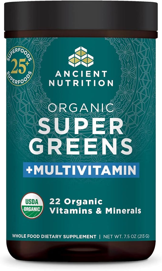 Ancient Nutrition Organic SuperGreens and Multivitamin Powder with Probiotics, Made from Real Fruits, Vegetables and Herbs, for Digestive, Detoxification and Energy Support, 25 Servings