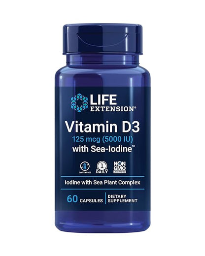 Life Extension Vitamin D3 125 mcg (5000 IU) with Sea-Iodine For Bone, Brain & Thyroid Support – Gluten-Free, Once Daily, Non-GMO – 60 Capsules