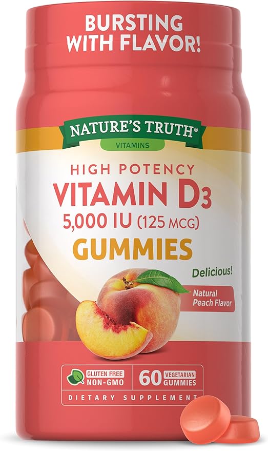 Nature's Truth Vitamin D3 Gummies | 5000 IU | 60 Count | Peach Flavor | Vegetarian, Non-GMO & Gluten Free Supplement