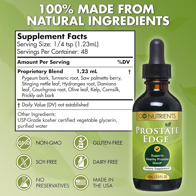 Go Nutrients Prostate Edge Prostate Support Supplement for Mens Health with Pygeum, Saw Palmetto Extract, Stinging Nettle Root & More Reduce Bathroom Trips, Better Bladder Emptying 2oz | 48 Servings