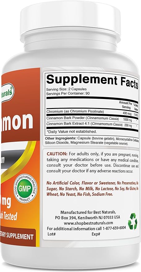 Best Naturals Cinnamon 2000 mg Equivalent with Chromium 400 mcg per Serving - Metabolism Support - 180 Capsules