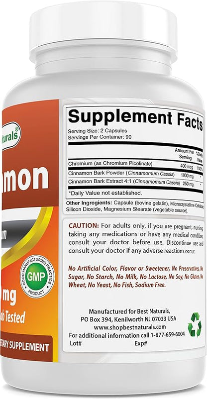 Best Naturals Cinnamon 2000 mg Equivalent with Chromium 400 mcg per Serving - Metabolism Support - 180 Capsules