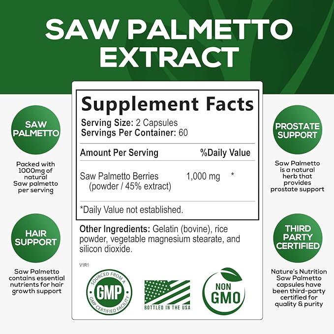 Saw Palmetto Extract Prostate Supplement - 1000 MG Saw Palmetto Supplement, Nature's Prostate Support Supplement for Men Health Support, Men's Prostate Urinary Health Support Supplement - 120 Capsules