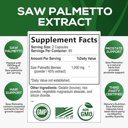 Saw Palmetto Extract Prostate Supplement - 1000 MG Saw Palmetto Supplement, Nature's Prostate Support Supplement for Men Health Support, Men's Prostate Urinary Health Support Supplement - 120 Capsules