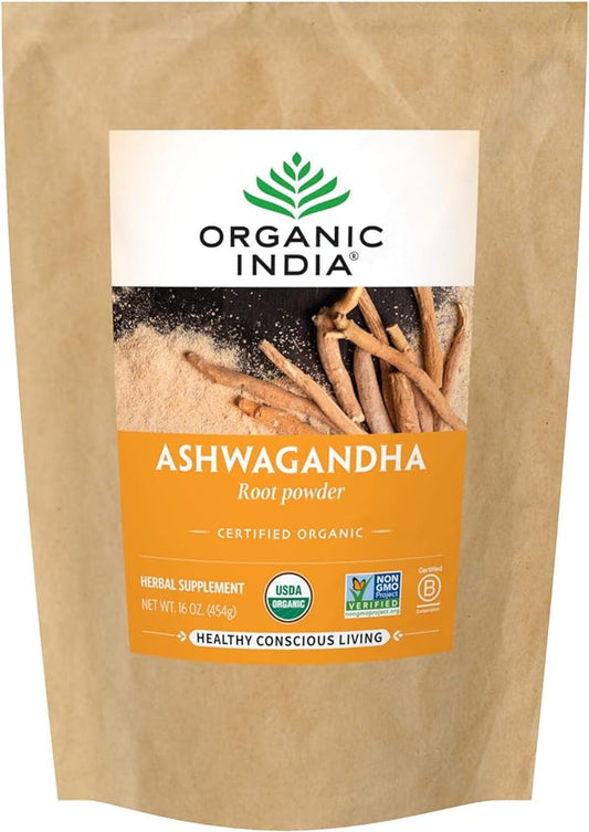 ORGANIC INDIA Ashwagandha Powder Organic - Ashwagandha Root Powder Bulk, Herbal Supplement - Vegan, Gluten-Free, Kosher, Non-GMO, Supports Stress Relief, Energy, and Sleep - 1lb Bag