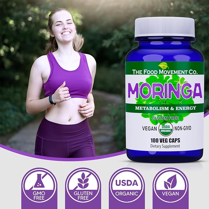 Moringa - Certified Organic Superfood, Whole Body Wellness, Natural Energy Support, Supports Healthy Metabolism - 100 Vegan Capsules