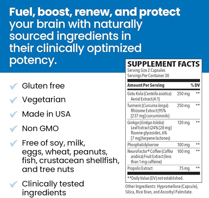 NeuroQ Memory & Focus - Boosts Cognitive Performance & Brain Function - Neuroprotective Formula by Dr. Dale Bredesen - Gotu Kola Ginkgo Phosphatidylserine & Propolis - 60 Capsules (Pack of 2)