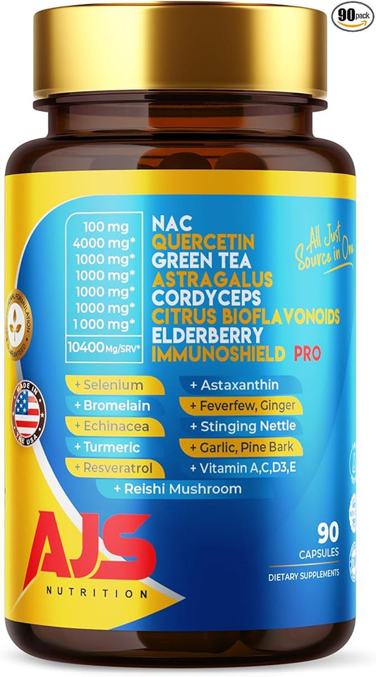 AJS Immune Support Supplement with Quercetin 4000mg with Nac Greentea Cordycepscitrus Elderberry Selenium Bromelain Echinacea Turmeric Resveratrol Astaxanthin Feverfew Ginger 90 Caps 20 in 1