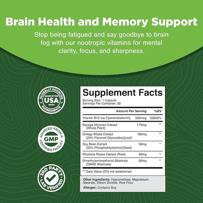 Nootropic Memory Supplement for Brain Support - Memory Pills for Brain Boost and Natural Energy Booster - Vitamin B 12 Bacopa Monnieri Rhodiola Rosea DMAE Ginkgo Biloba Phosphatidylserine Supplement