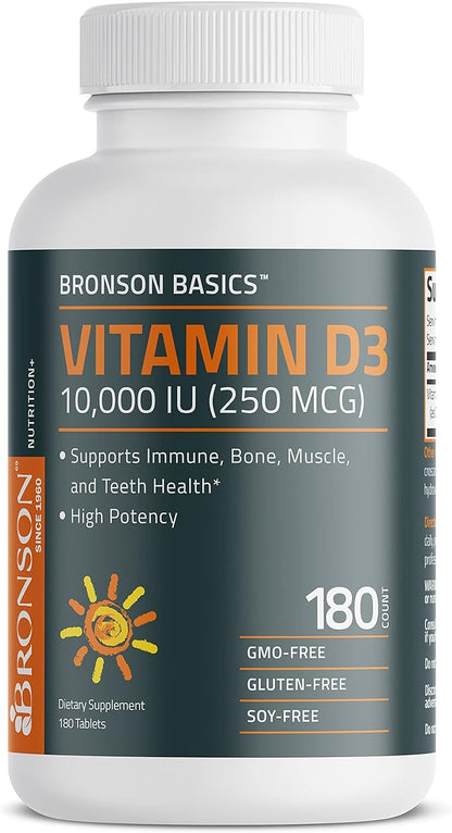 Bronson Vitamin D3 10,000 IU (250 MCG) for Healthy Muscle Function and Immune Support, Non-GMO, 180 Tablets