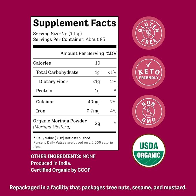 Judee's Organic Moringa Powder 6 oz - Non-GMO - Gluten-Free and Keto-Friendly - Blends Well in Smoothies and Protein Shakes - Mix into Juice, Tea, or Lattes