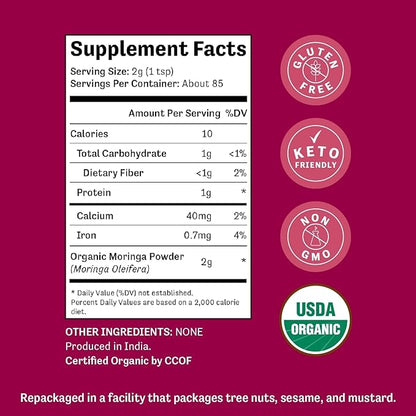 Judee's Organic Moringa Powder 6 oz - Non-GMO - Gluten-Free and Keto-Friendly - Blends Well in Smoothies and Protein Shakes - Mix into Juice, Tea, or Lattes