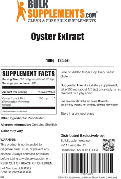 BulkSupplements.com Oyster Extract Powder - Oyster Supplement, from Whole Oyster Shells, Oyster Powder - Gluten Free, 500mg per Serving, 100g (3.5 oz) (Pack of 1)