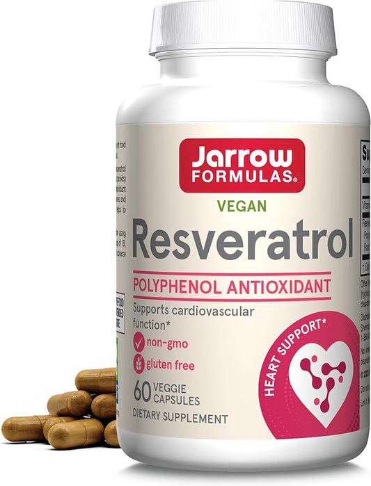 Jarrow Formulas Resveratrol 100 mg, Dietary Supplement, Antioxidant Support for Cardiovascular Function, 60 Veggie Capsules, 60 Day Supply