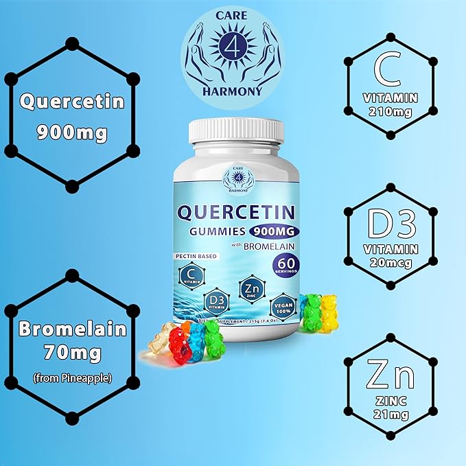 (3Pack) Quercetin Gummies - Quercetin with Bromelain Vitamin C + Zinc Vitamin D3 – Chewable Quercetin 900mg Supplements - Quercetin for Kids and Adults (3)