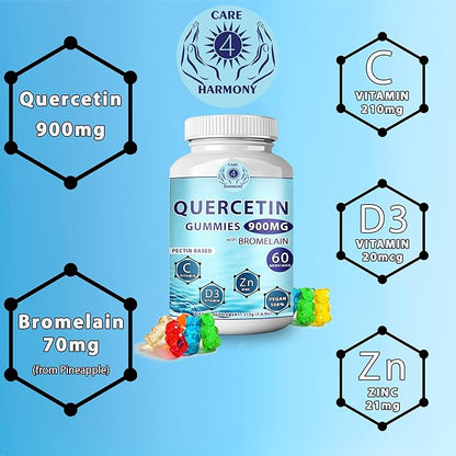 (2 Pack) Quercetin Gummies - Quercetin with Bromelain Vitamin C + Zinc Vitamin D3 – Chewable Quercetin 900mg Supplements - Quercetin for Kids and Adults (2)