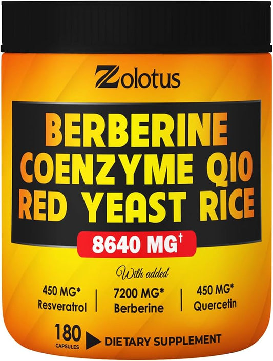 7 in 1 Berberine Supplement + Red Yeast Rice, Coenzyme Q10 Capsules, Equivalent to 8640mg, with Quercetin, Resveratrol, Vitamin B3, Vitamin D3, Immune System, Digestive Health & Body Management