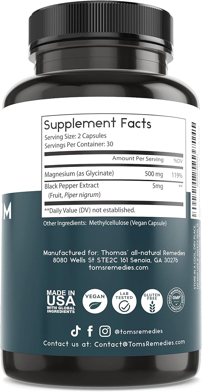 Thomas' all-natural Remedies Magnesium Glycinate Supplements, High Absorption, Dietary Supplements for Muscle and Bone Support, Non-GMO, No Fillers, 60 Vegan Capsules