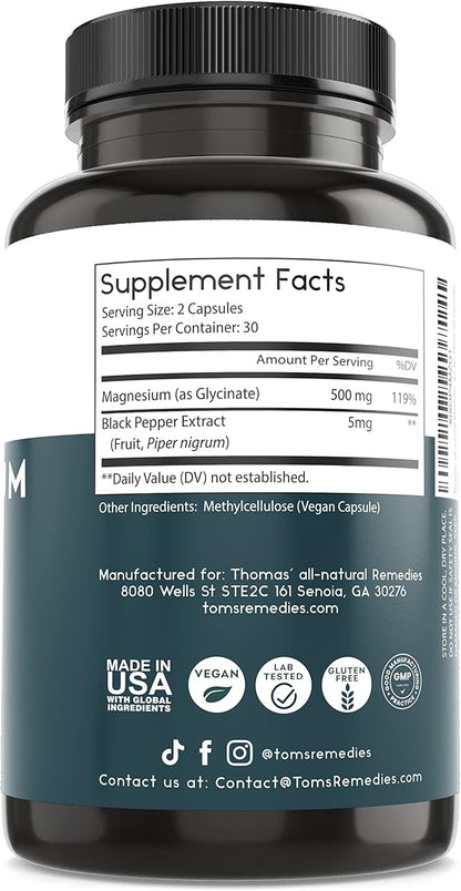 Thomas' all-natural Remedies Magnesium Glycinate Supplements, High Absorption, Dietary Supplements for Muscle and Bone Support, Non-GMO, No Fillers, 60 Vegan Capsules