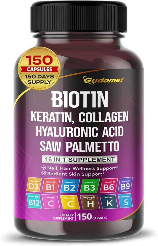 Biotin Collagen Vitamin D3 Vitamin B1 Vitamin B2 Vitamin B3 Vitamin B6 Vitamin B9 Vitamin B12 Keratin Hyaluronic Acid Saw Palmetto -150 Capsules- Made in USA