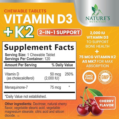 Vitamin D3 K2 as MK-7 with 2000iu of D3 & 75mcg K2, Vitamin K2 D3 Bone Strength Supplements Support Calcium Absorbtion for Teeth & Bone Health + Muscle & Immune Health Support - 120 Chewable Tablets