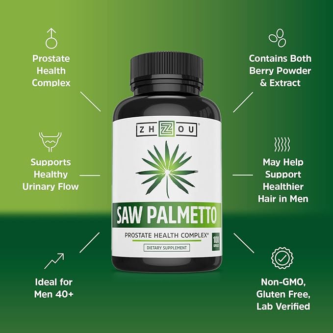 Zhou Nutrition Saw Palmetto Extract 500 mg, Prostate Health, Urinary Tract Support, DHT Blocker for Men and Women Hair Growth, Non-GMO, 100 Capsules (Packaging may vary)