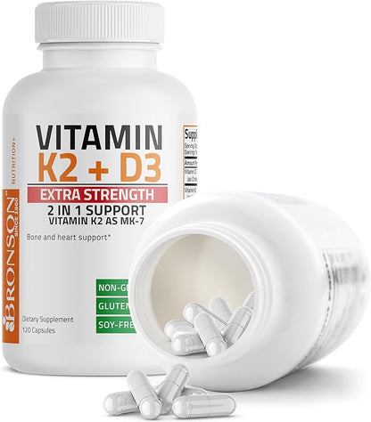 Bronson Vitamin K2 (MK7) with D3 Extra Strength Supplement Bone and Heart Health Non-GMO Formula 10,000 IU Vitamin D3 & 120 mcg Vitamin K2 MK-7 Easy to Swallow Vitamin D & K, 120 Capsules