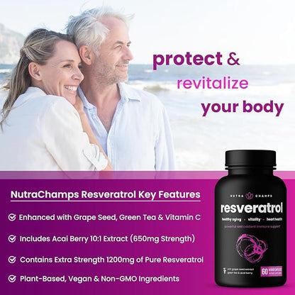 Resveratrol Supplement | Extra Strength Formula for Healthy Aging, Immune Support & Heart Health | 60 Vegan Capsules with Trans-Resveratrol, Green Tea Leaf, Acai Berry & Grape Seed Extract