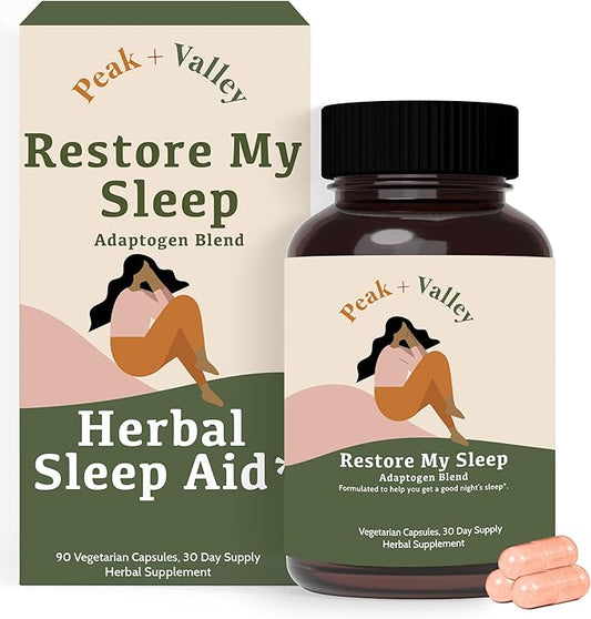 Peak + Valley Natural Sleep Aid for Adults - 90 Capsules for Deep Sleep - 3 mg Melatonin, L Theanine, Chamomile, Ashwagandha - Natural Herbal Sleeping Pills - Extra Strength Calming Sleep Aid